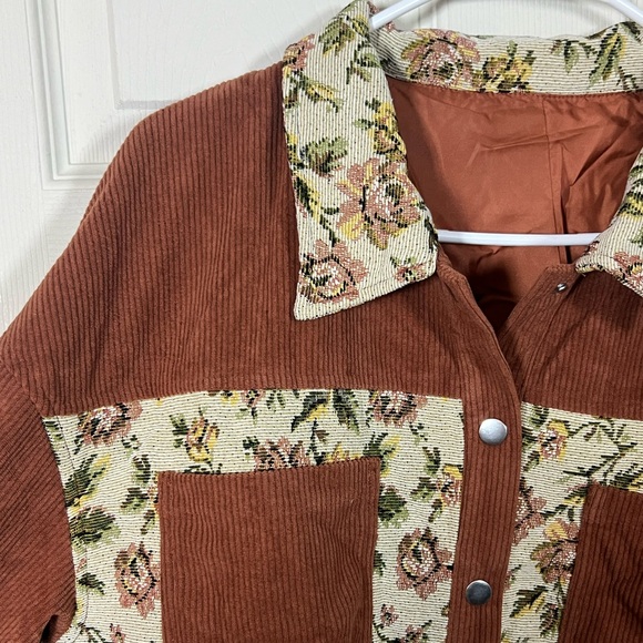Rust Corduroy Floral Patchwork Shacket Snap Button Jacket Boho - Picture 4 of 8
